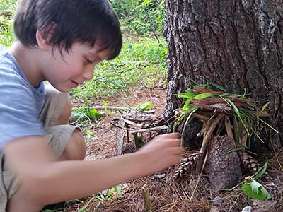 Boy creating fairy house